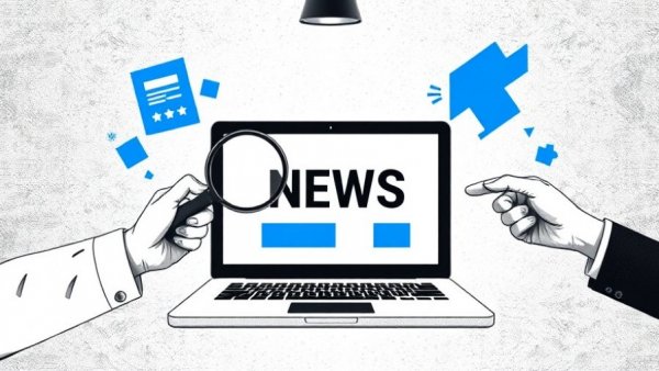 Digital illustration of news on a laptop screen with hands interacting.