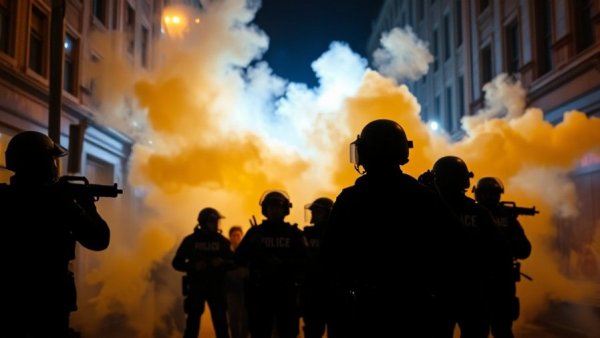 Group of officers with lights and smoke in nighttime urban scene.