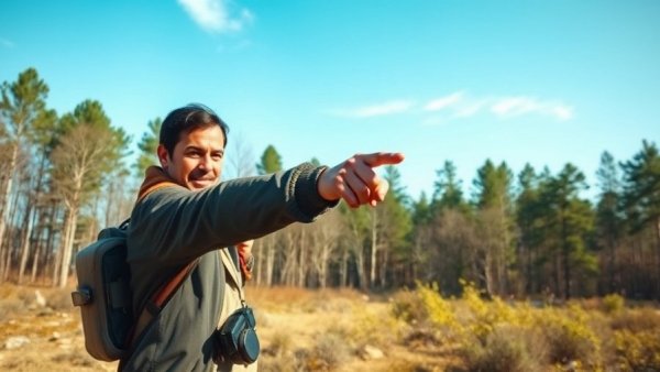 Body-worn camera capturing individual pointing in wooded area, daylight action scene.