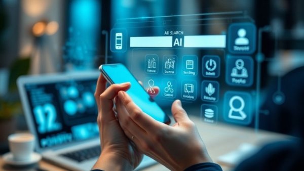 Futuristic AI interface with phone interaction, SEO for AI Agents.