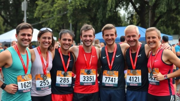 Marathon finishers in wellness program, smiling and posing together outdoors.