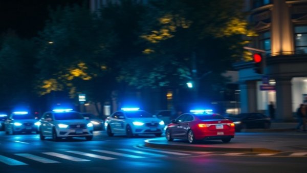 Police cars with blue lights at night ensuring safety on city street.
