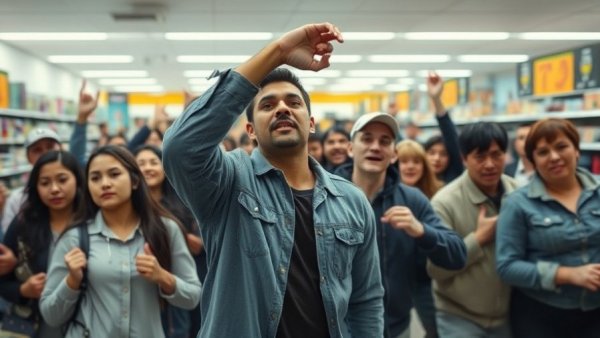 Flash mob shoplifting incident in retail store, dynamic scene, photorealistic.
