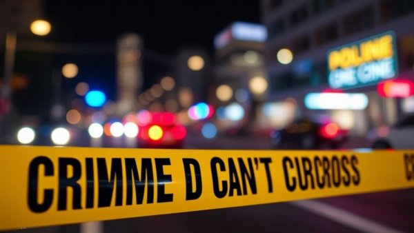 Blurry crime scene with police lights and tape, Indiana judge shot.