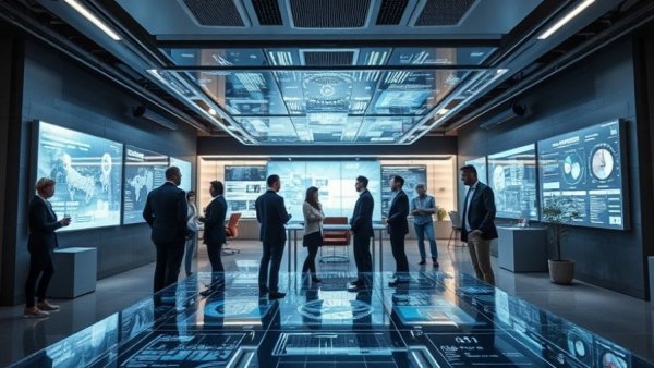 Futuristic marketing workspace in 2026 with holographic displays.