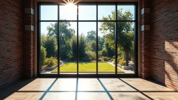 Sunlit modern vacuum-insulated windows overlooking garden
