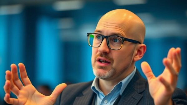 Man gesturing about energy costs AI race at conference.