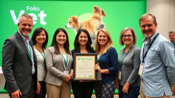 Conference attendees celebrating an Innovative pet weighing scale award.