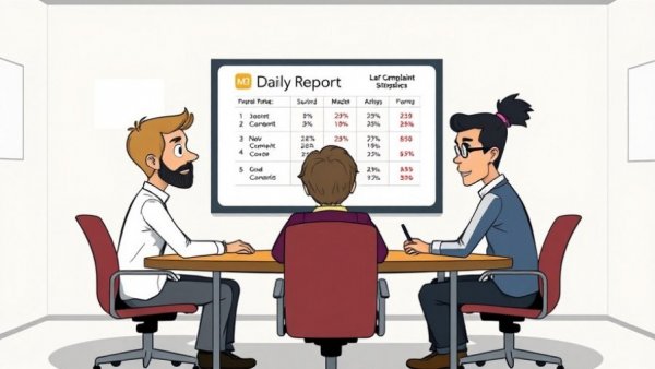 Humorous cartoon on cost of customer complaints in an office meeting.