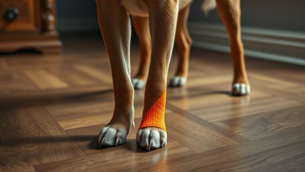 Kinesiology taping effectiveness in veterinary practice shown on dog's leg.