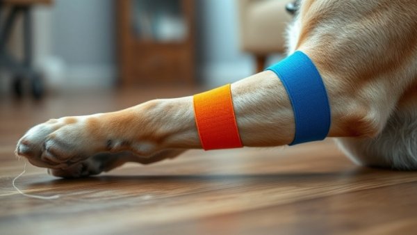 Dog leg with kinesiology tape, demonstrating effectiveness in veterinary care.