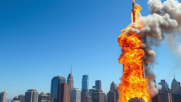 Dramatic skyscraper scene with flames and smoke, urban skyline.