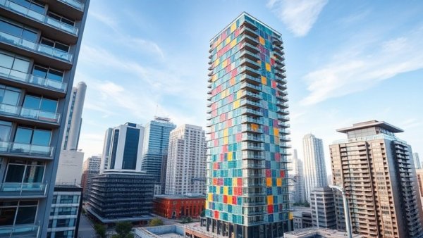 Building-integrated photovoltaics on a colorful high-rise in an urban area.