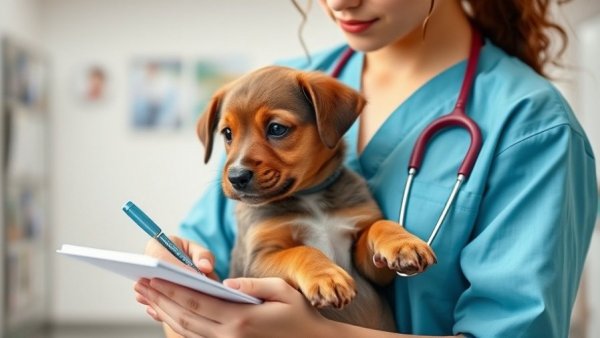 Veterinarian examining puppy for canine idiopathic epilepsy medication.