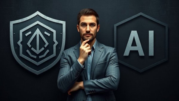 Man pondering with shield and AI symbols, medspa marketing concept