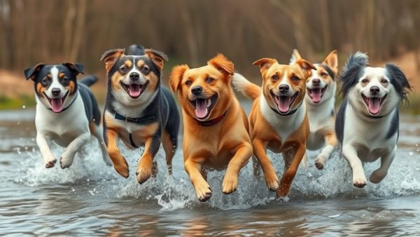 Dogs running in water showcasing lively play, relevant to pelvic limb dysfunction in young dogs.