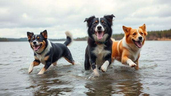 Active dogs running in water, exploring environment.