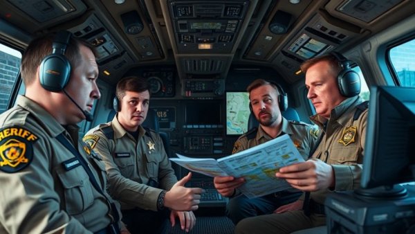 Sheriffs strategizing in command vehicle highlighting police reform efforts.