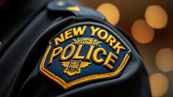 NYPD badge close-up on uniform, emphasizing details