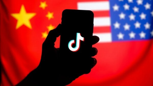 TikTok app logo with US and China flags backdrop, TikTok US deal context.