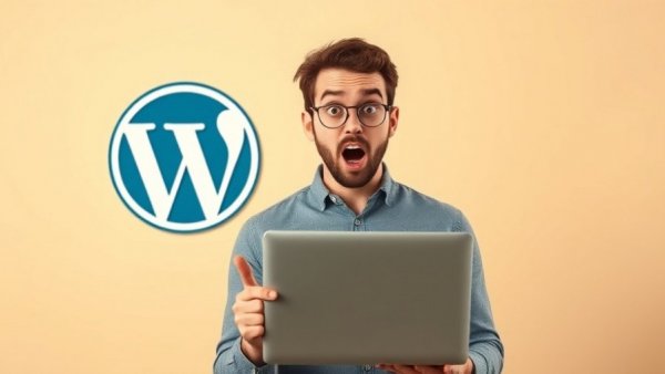 Surprised man with laptop against WordPress logo, highlighting 10Web WordPress Photo Gallery Plugin Vulnerability.