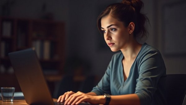 Young woman working late on laptop, dimly lit room. Workplace wellness.