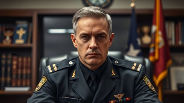 Serious uniformed officer discussing crime scene recording concerns in office.