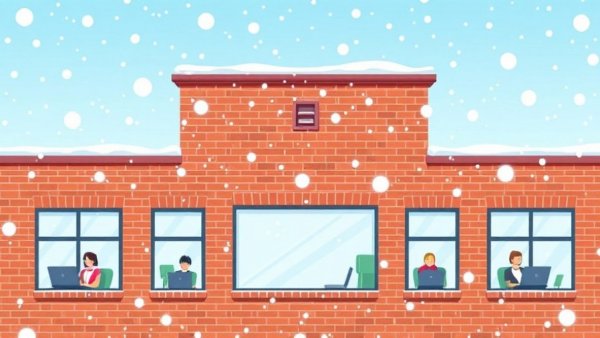 Office workers safe inside building during snowstorm.