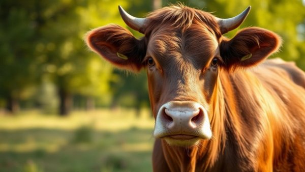 Close-up of a calm brown cow in a sunny field.