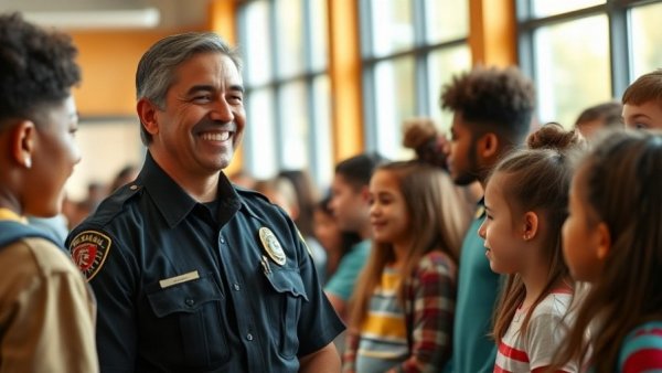 School resource officer interacting with students, illustrating role in schools.