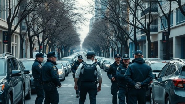 Law enforcement officers managing city street, law enforcement policies