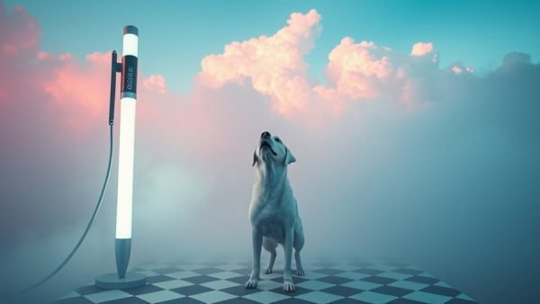 Surreal scene with Bic Cristal giant lamp and white dog in foggy room.