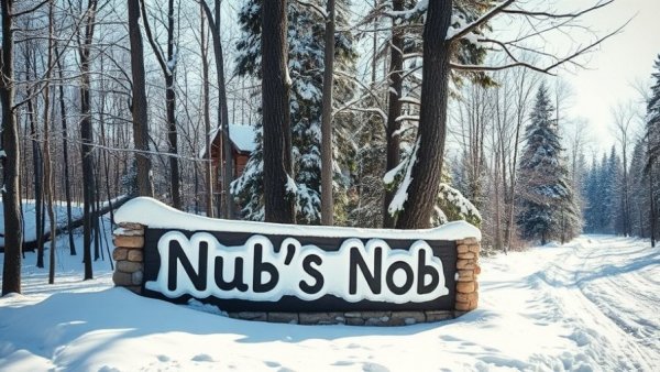 Snowy Nub's Nob sign in winter forest landscape
