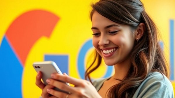 Smiling woman using smartphone with Google logo background.