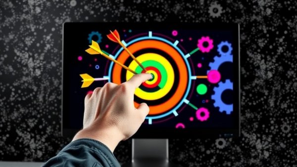 Hand aiming at digital target on screen with gears for PPC.