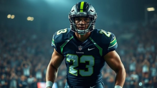 American football player focused on field under stadium lights.