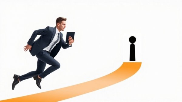 Businessman running with a laptop towards a keyhole, representing data access.