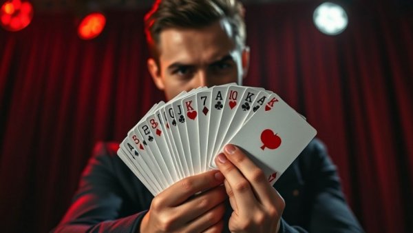 Magician performing with cards on stage, spotlight drama.