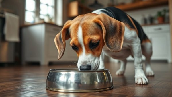 Beagle eating from a bowl indoors, Raaw Energy dog food issue.