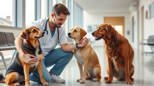 Veterinarian at modern clinic examining dogs, highlighting access to care amid rising costs.