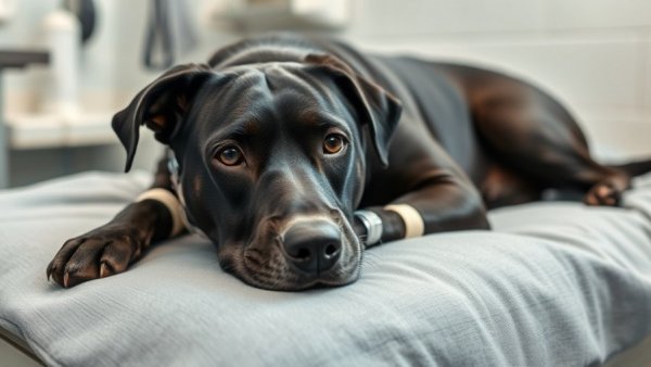 Black dog receiving veterinary care, related to CPR for pets after drug ingestion.