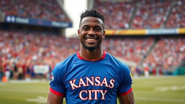 Smiling male athlete in Kansas City shirt on sports field.
