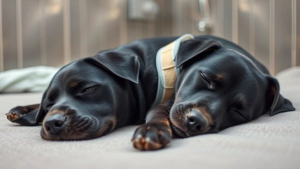 Black dog in a vet clinic resting peacefully, related to canine cardiac arrest and CPR.