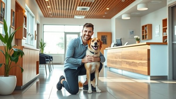 Open Dialogue in Veterinary Clinics: Man with dog in welcoming clinic reception.