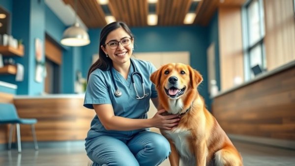Veterinary professional engaging with a dog at modern clinic reception, empowering veterinary clients in open dialogue.