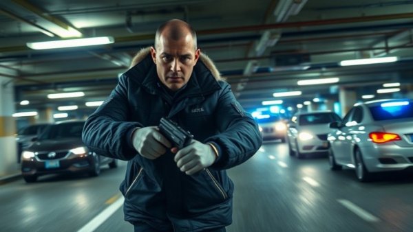 Police accountability and reform scene with officer pursuing in a garage.