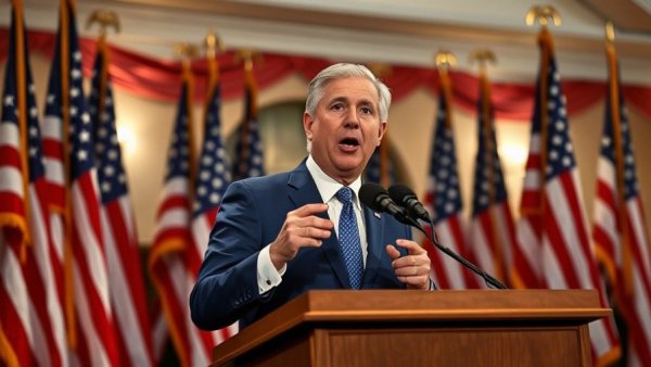 A man speaks at a podium during a live news broadcast with American flags.