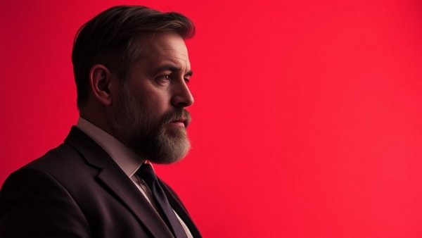 Bearded man in suit with solemn expression against red background.