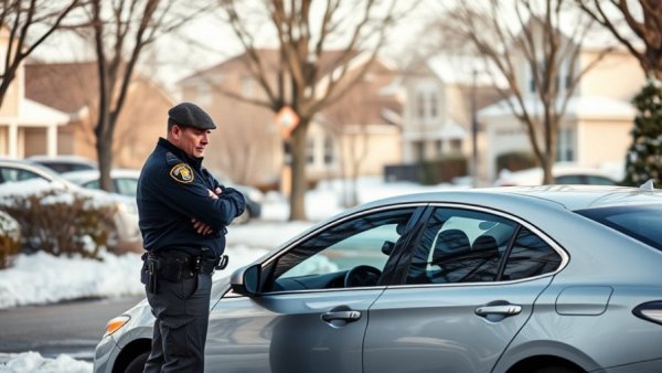Minnesota immigration enforcement officer checks vehicle in snowy neighborhood.