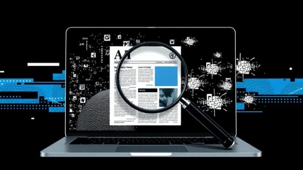Abstract digital collage of magnifying glass over laptop with news headline.